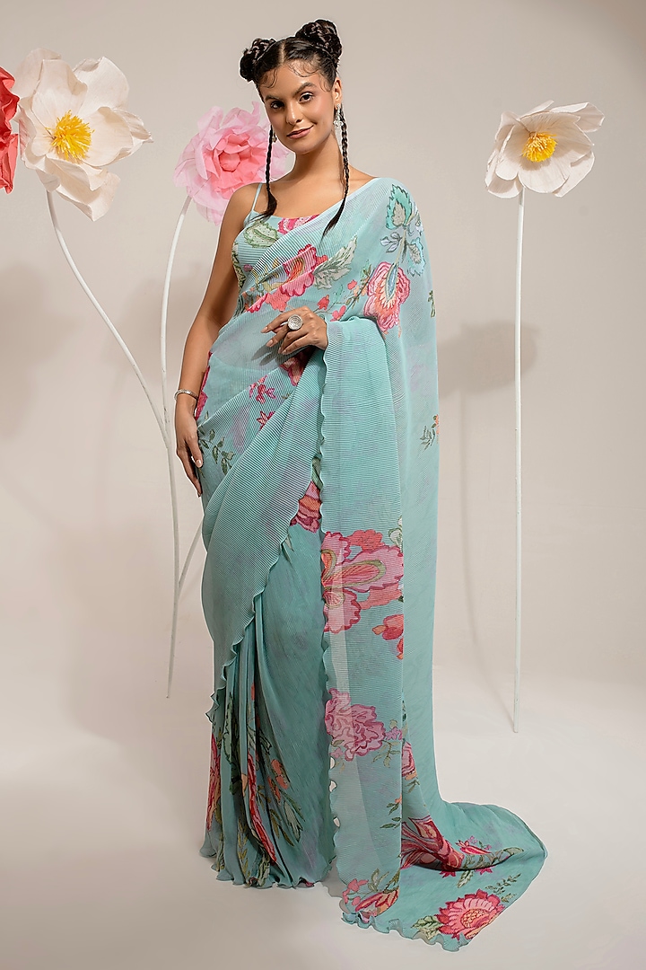 Mint Green Georgette Viscose & Polyester Digital Printed Pleated Saree Set by preeti mehta at Pernia's Pop Up Shop