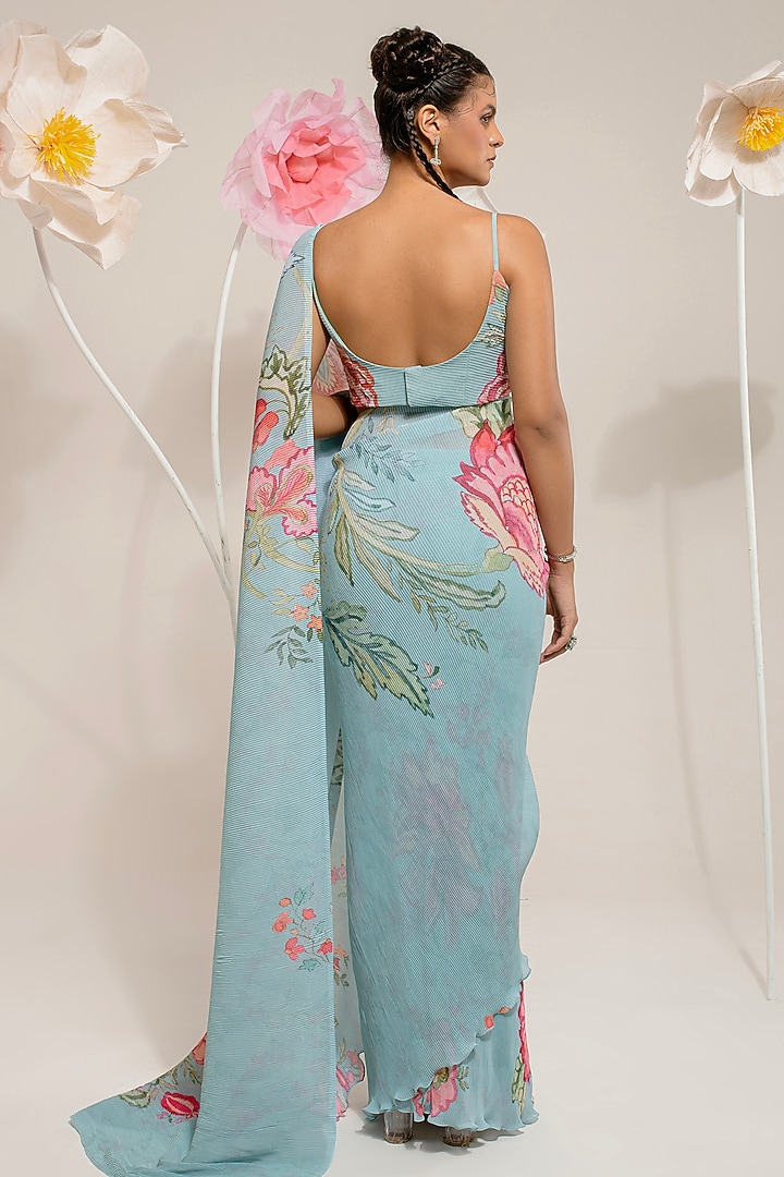 Mint Green Georgette Viscose & Polyester Digital Printed Pleated Party Wear Saree Set by preeti mehta at Pernia's Pop Up Shop