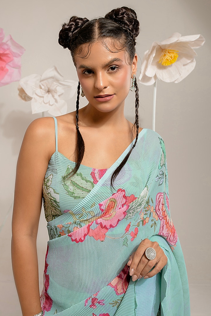 Mint Green Georgette Viscose & Polyester Digital Printed Pleated Party Wear Saree Set by preeti mehta at Pernia's Pop Up Shop