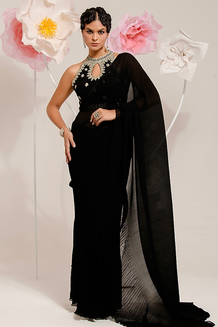 Black Georgette Viscose & Polyester Digital Printed Pleated Saree Set by preeti mehta at Pernia's Pop Up Shop