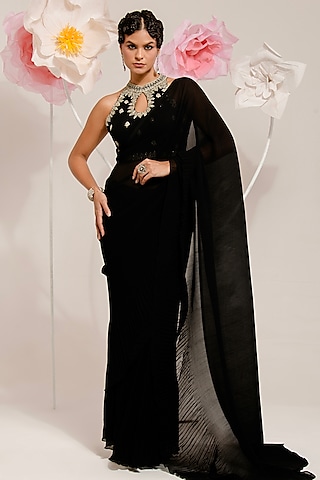 Black Georgette Viscose & Polyester Digital Printed Pleated Saree Set by preeti mehta