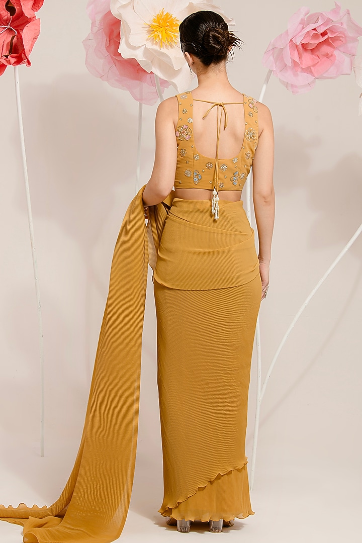 Mustard Georgette Viscose & Polyester Digital Printed Pleated Party Wear Saree Set by preeti mehta at Pernia's Pop Up Shop