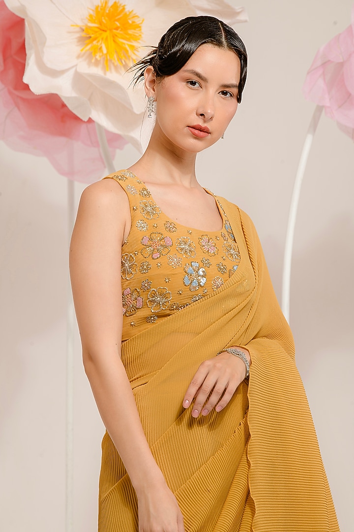 Mustard Georgette Viscose & Polyester Digital Printed Pleated Party Wear Saree Set by preeti mehta at Pernia's Pop Up Shop