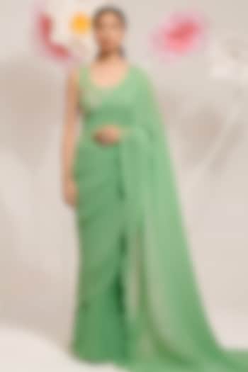 Teal Green Georgette Viscose & Polyester Digital Printed Pleated Party Wear Saree Set by preeti mehta at Pernia's Pop Up Shop
