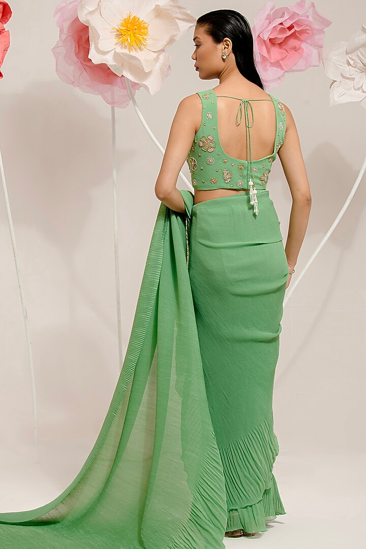 Teal Green Georgette Viscose & Polyester Digital Printed Pleated Party Wear Saree Set by preeti mehta at Pernia's Pop Up Shop
