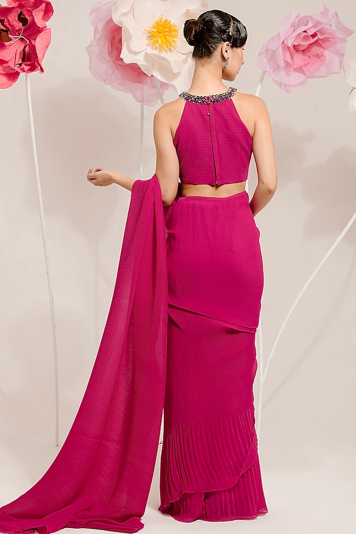 Raspberry Pink Georgette Viscose Polyester Pleated Saree Set by