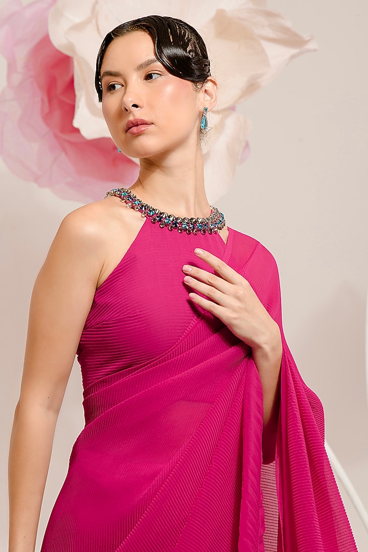 Raspberry Pink Georgette Viscose & Polyester Pleated Party Wear Saree Set by preeti mehta at Pernia's Pop Up Shop