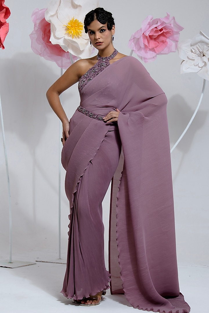 Dark Mauve Georgette Viscose & Polyester Digital Printed Pleated Saree Set by preeti mehta at Pernia's Pop Up Shop