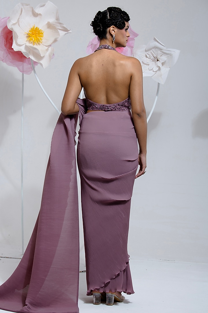 Dark Mauve Georgette Viscose & Polyester Digital Printed Pleated Party Wear Saree Set by preeti mehta at Pernia's Pop Up Shop