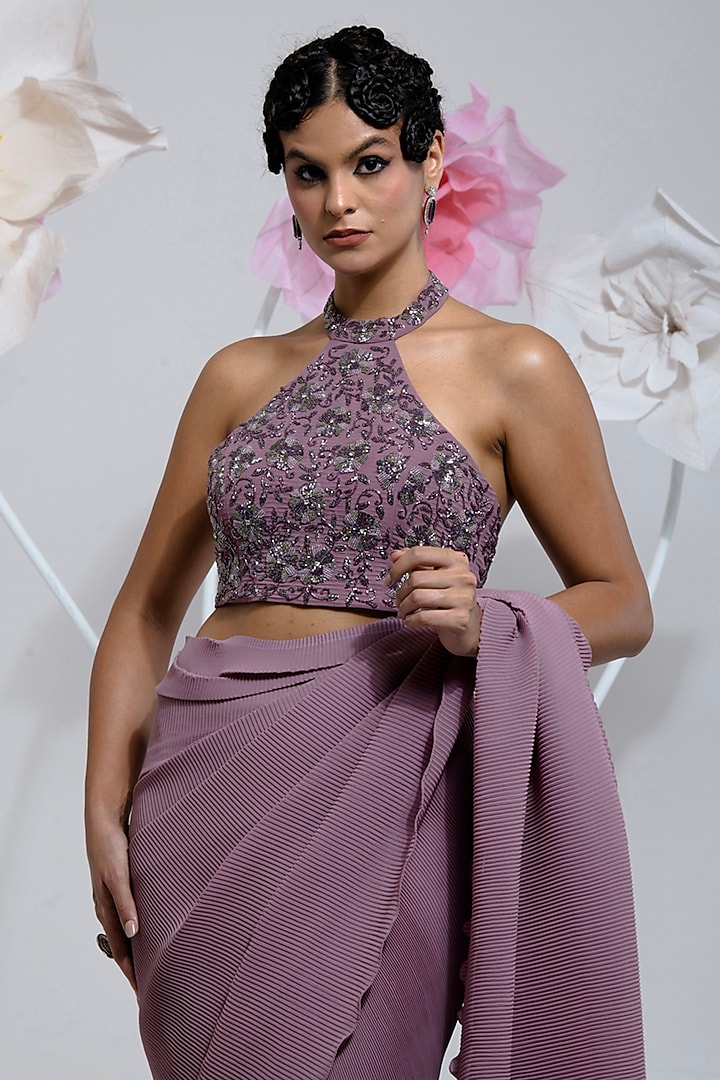 Dark Mauve Georgette Viscose & Polyester Digital Printed Pleated Party Wear Saree Set by preeti mehta at Pernia's Pop Up Shop
