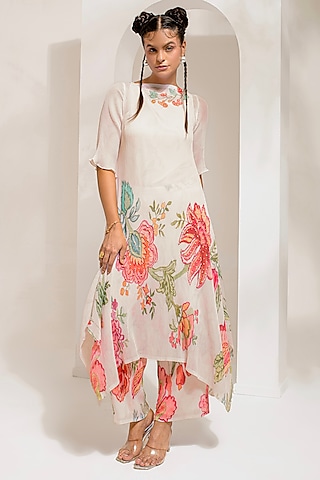 Ivory White Georgette Viscose & Polyester Hand Embroidered Kurta Set by preeti mehta