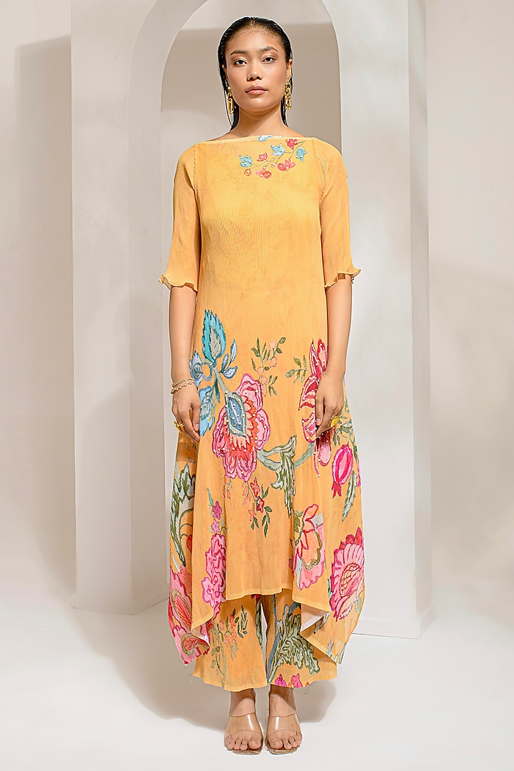 Chrome Yellow Georgette Viscose & Polyester Hand Embroidered Kurta Set by preeti mehta at Pernia's Pop Up Shop