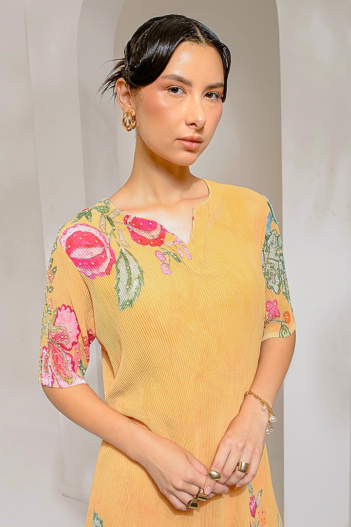 Chrome Yellow Georgette Viscose & Polyester Embroidered Kurta Set by preeti mehta at Pernia's Pop Up Shop