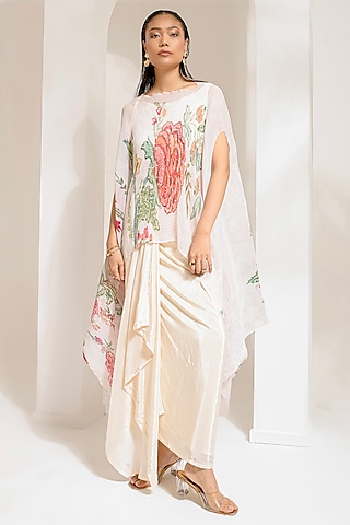 Ivory White Lurex Chinon Floral Printed & Hand Embroidered Kaftan Set by Preeti Mehta