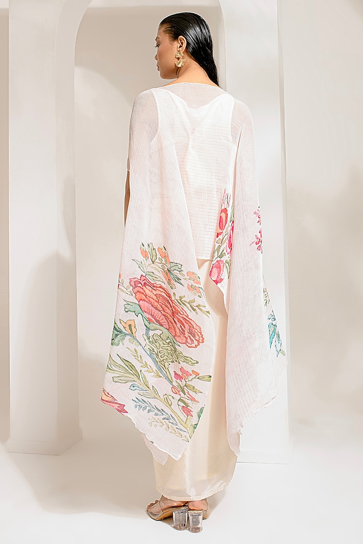 Ivory White Lurex Chinon Floral Printed & Hand Embroidered Kaftan Set by Preeti Mehta at Pernia's Pop Up Shop