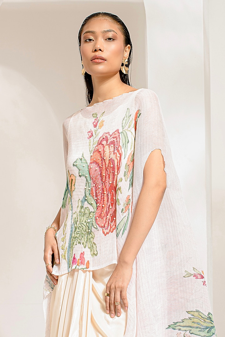 Ivory White Lurex Chinon Floral Printed & Hand Embroidered Kaftan Set by Preeti Mehta at Pernia's Pop Up Shop
