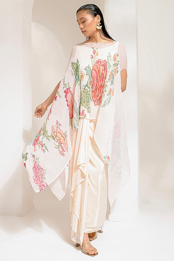 Ivory White Lurex Chinon Floral Printed & Hand Embroidered Kaftan Set by Preeti Mehta at Pernia's Pop Up Shop