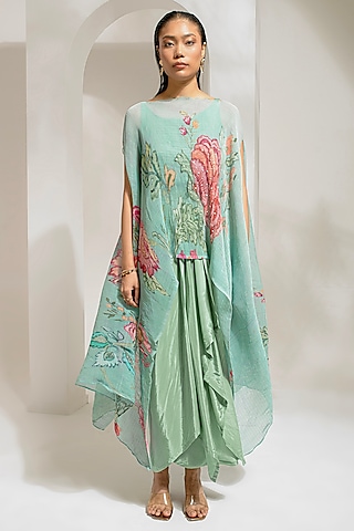 Emerald Green Lurex Chinon Floral Printed & Hand Embroidered Kaftan Set by Preeti Mehta