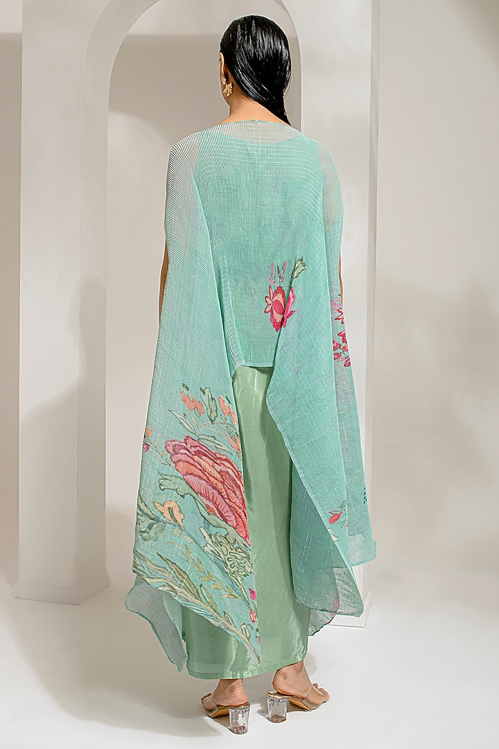 Emerald Green Lurex Chinon Floral Printed & Hand Embroidered Kaftan Set by Preeti Mehta at Pernia's Pop Up Shop
