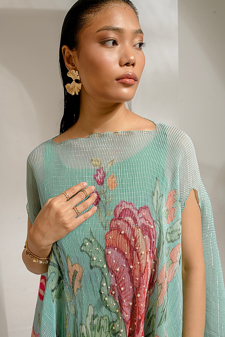Emerald Green Lurex Chinon Floral Printed & Hand Embroidered Kaftan Set by Preeti Mehta at Pernia's Pop Up Shop