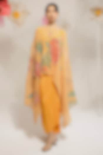 Chrome Yellow Lurex Chinon Floral Printed & Hand Embroidered Kaftan Set by Preeti Mehta at Pernia's Pop Up Shop