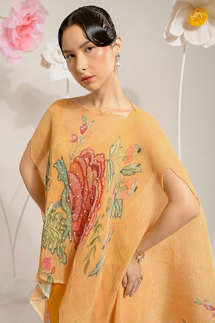 Chrome Yellow Lurex Chinon Floral Printed & Hand Embroidered Kaftan Set by Preeti Mehta at Pernia's Pop Up Shop