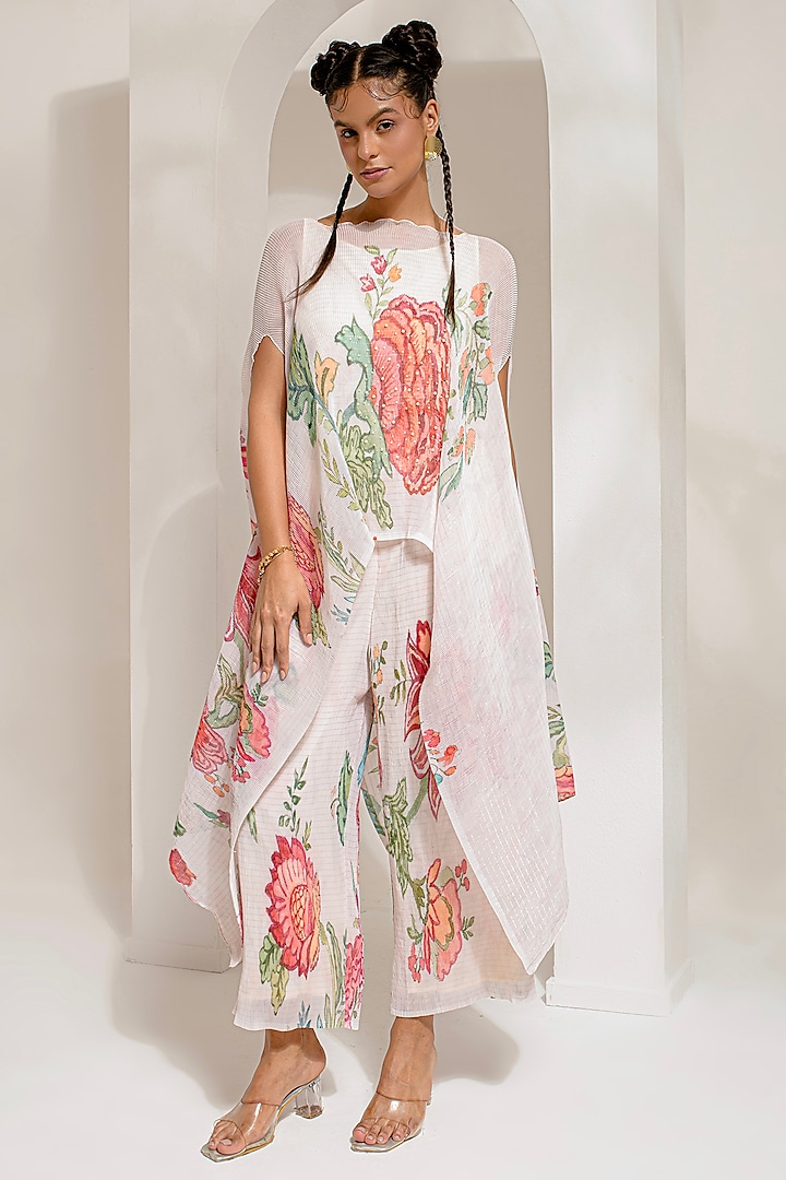 Ivory White Lurex Chinon Floral Printed & Hand Embroidered Kaftan Set by Preeti Mehta at Pernia's Pop Up Shop