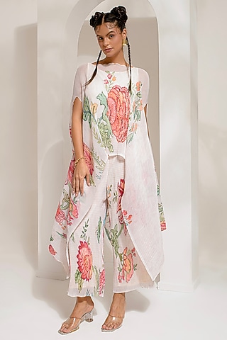 Ivory White Lurex Chinon Floral Printed & Hand Embroidered Kaftan Set by Preeti Mehta