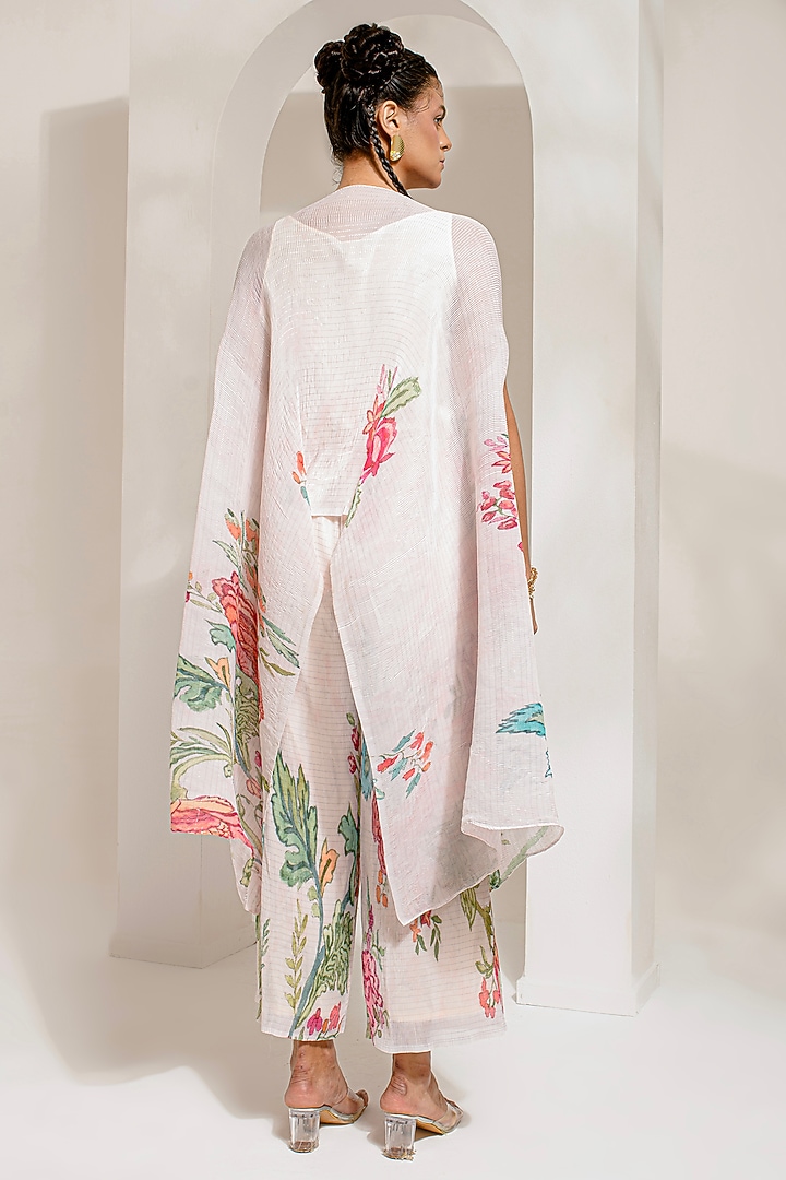Ivory White Lurex Chinon Floral Printed & Hand Embroidered Kaftan Set by Preeti Mehta at Pernia's Pop Up Shop