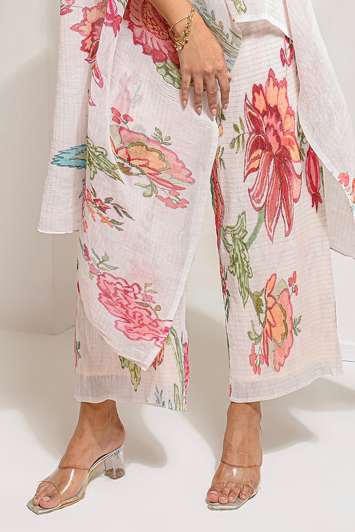 Ivory White Lurex Chinon Floral Printed & Hand Embroidered Kaftan Set by Preeti Mehta at Pernia's Pop Up Shop