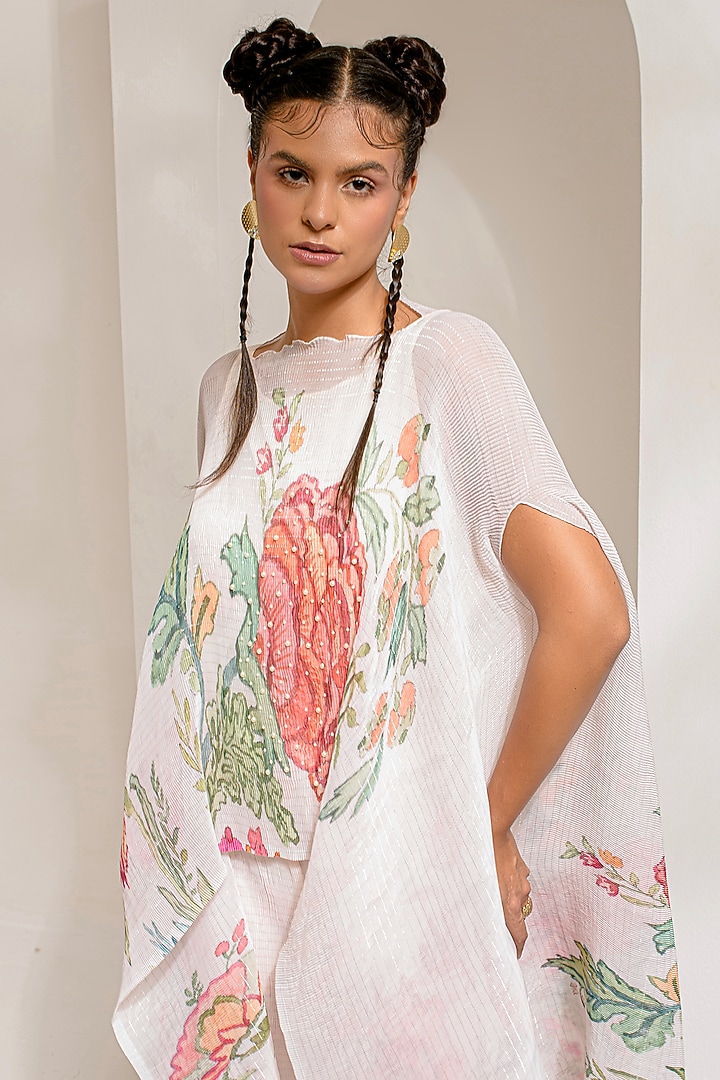 Ivory White Lurex Chinon Floral Printed & Hand Embroidered Kaftan Set by Preeti Mehta at Pernia's Pop Up Shop
