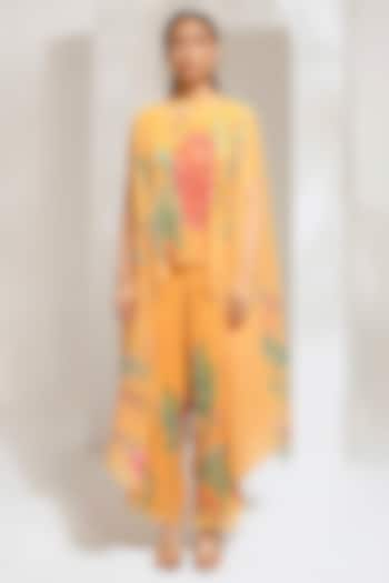 Chrome Yellow Lurex Chinon Floral Printed & Hand Embroidered Kaftan Set by Preeti Mehta at Pernia's Pop Up Shop