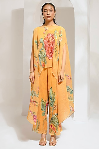 Chrome Yellow Lurex Chinon Floral Printed & Hand Embroidered Kaftan Set by Preeti Mehta