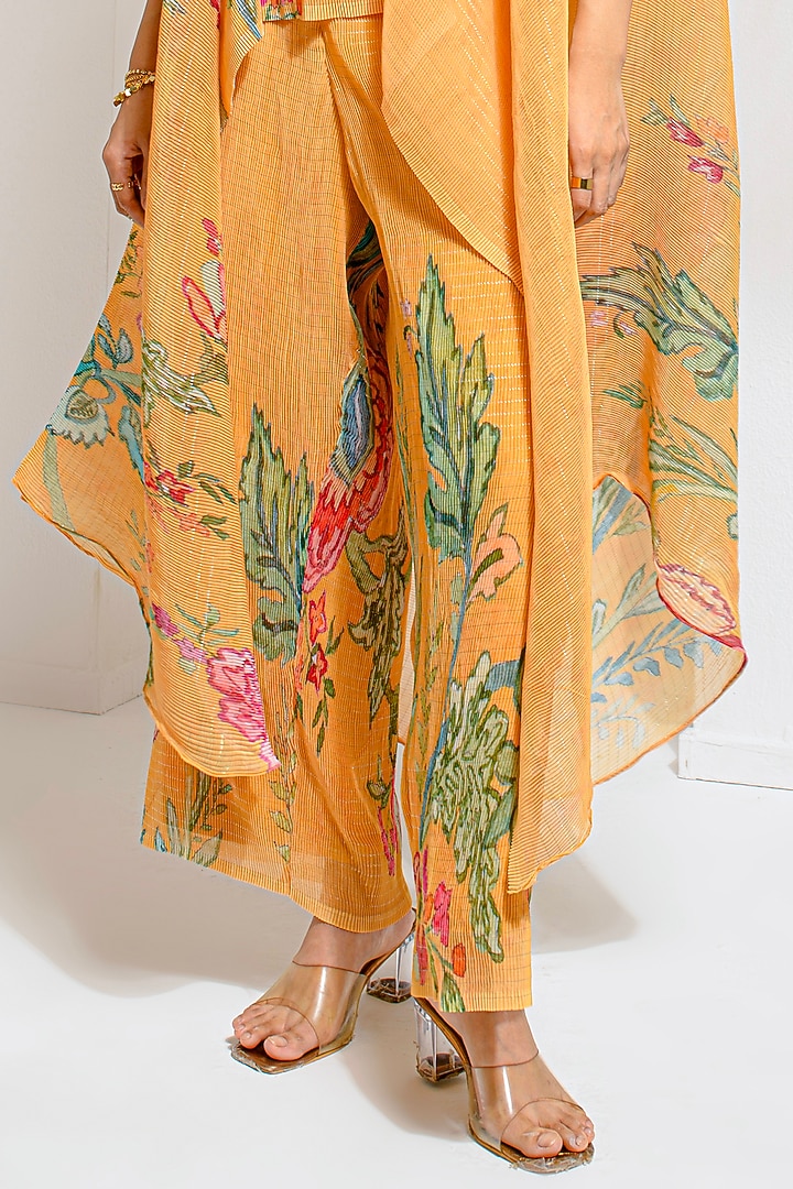 Chrome Yellow Lurex Chinon Floral Printed & Hand Embroidered Kaftan Set by Preeti Mehta at Pernia's Pop Up Shop