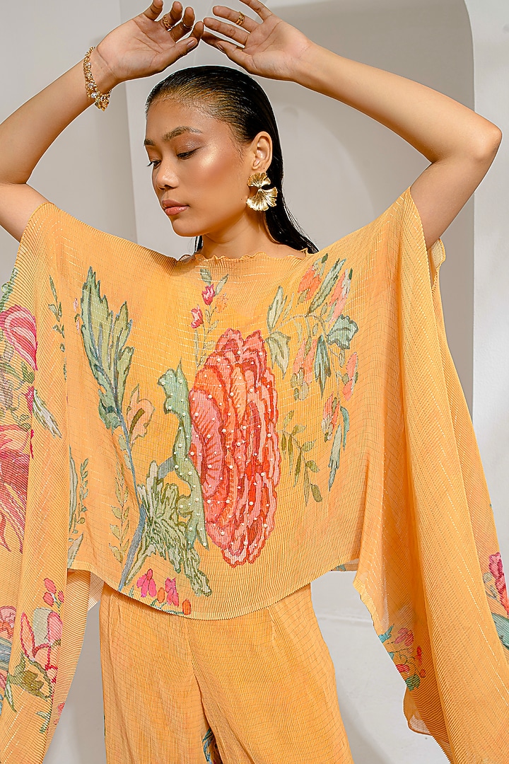 Chrome Yellow Lurex Chinon Floral Printed & Hand Embroidered Kaftan Set by Preeti Mehta at Pernia's Pop Up Shop