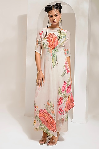Ivory White Georgette Viscose & Polyester Hand Embroidered Kurta Set by Preeti Mehta