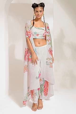 Ivory White Georgette Viscose Embroidered Cape Set by Preeti Mehta
