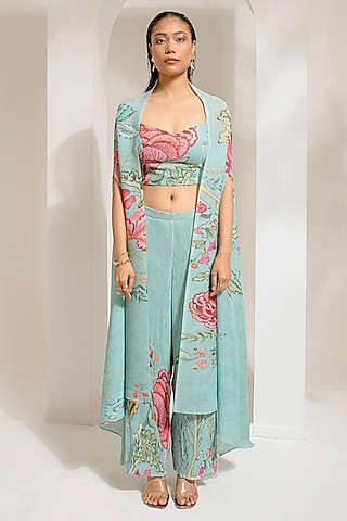 Emerald Green Georgette Viscose Embroidered Cape Set by Preeti Mehta
