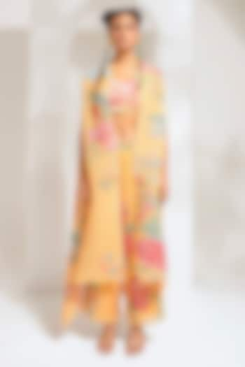 Chrome Yellow Georgette Viscose Embroidered Cape Set by Preeti Mehta at Pernia's Pop Up Shop