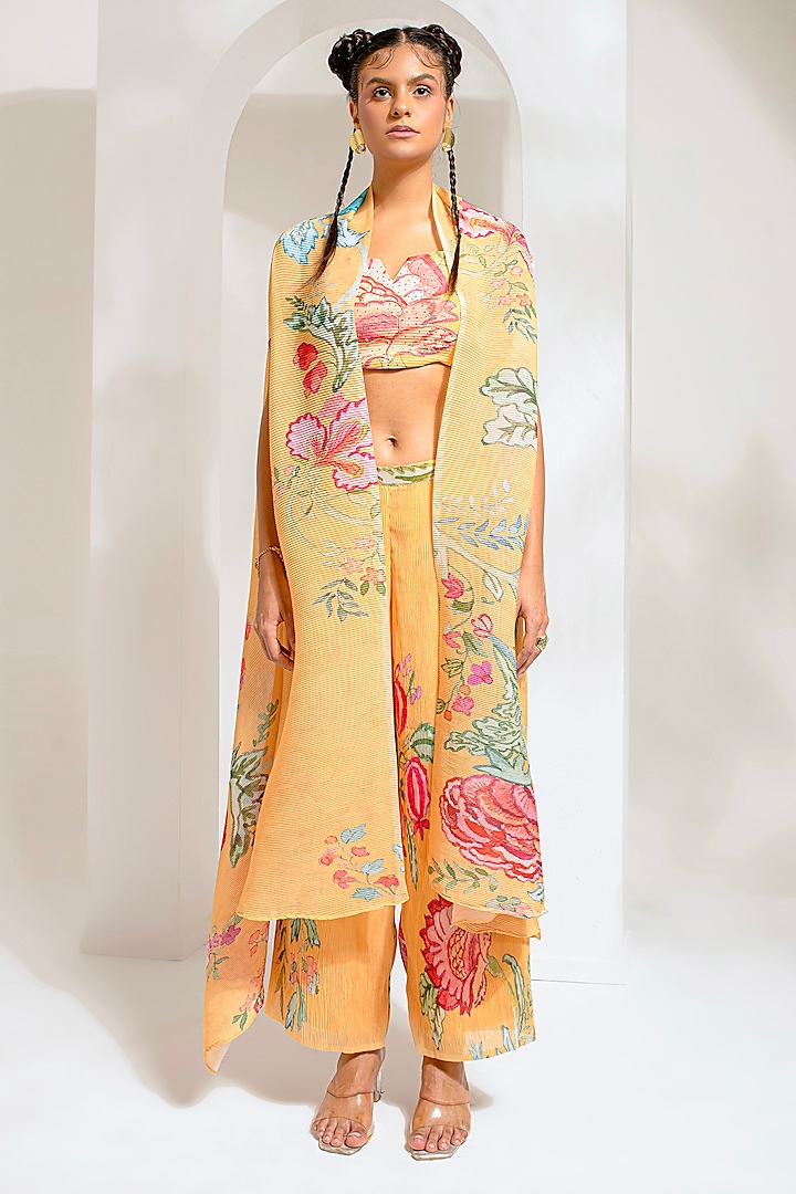 Chrome Yellow Georgette Viscose Embroidered Cape Set by Preeti Mehta at Pernia's Pop Up Shop