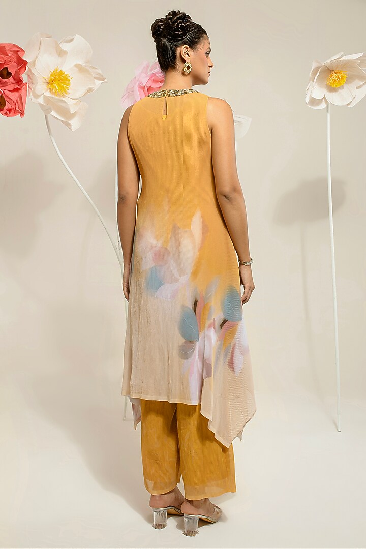 Butterscotch Yellow Georgette Viscose & Polyester Embroidered Kurta Set by Preeti Mehta at Pernia's Pop Up Shop