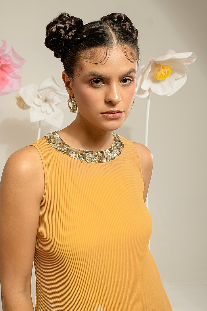 Butterscotch Yellow Georgette Viscose & Polyester Embroidered Kurta Set by Preeti Mehta at Pernia's Pop Up Shop