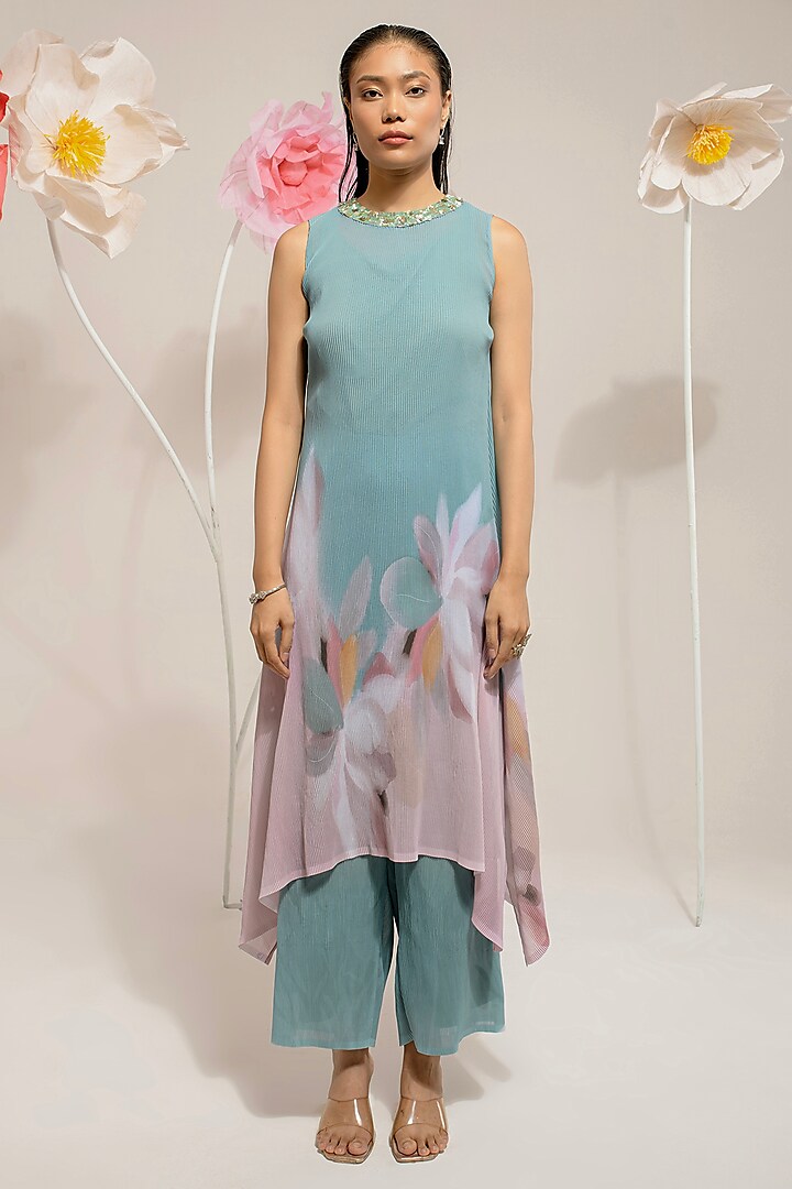 Sky Blue Georgette Viscose & Polyester Embroidered Kurta Set by Preeti Mehta at Pernia's Pop Up Shop