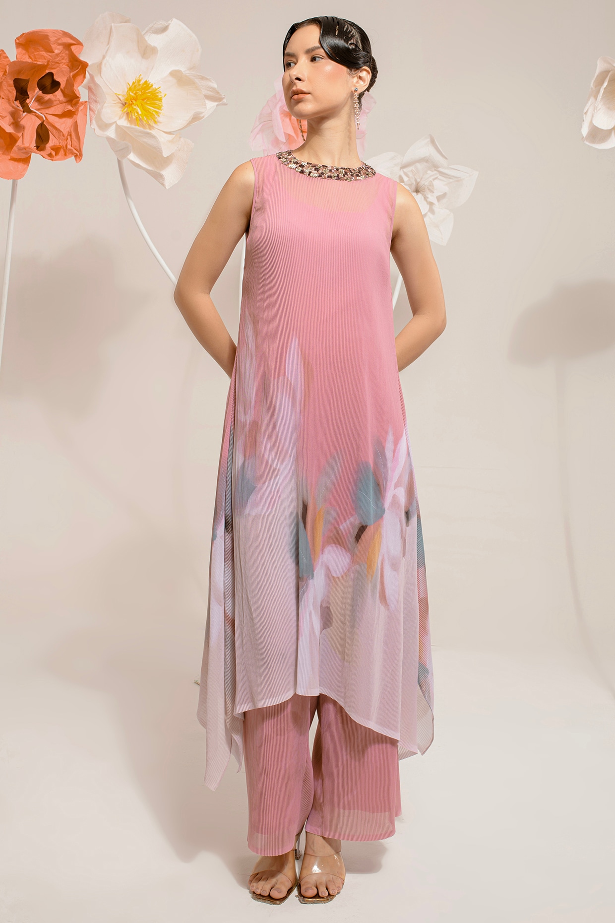 French Pink Georgette Viscose & Polyester Embroidered Kurta Set by ...