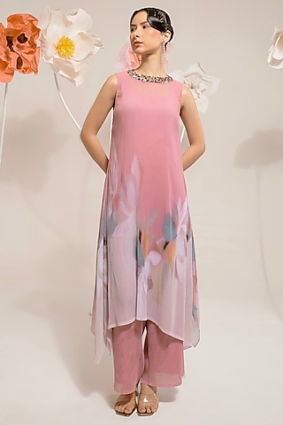 French Pink Georgette Viscose & Polyester Embroidered Kurta Set by Preeti Mehta