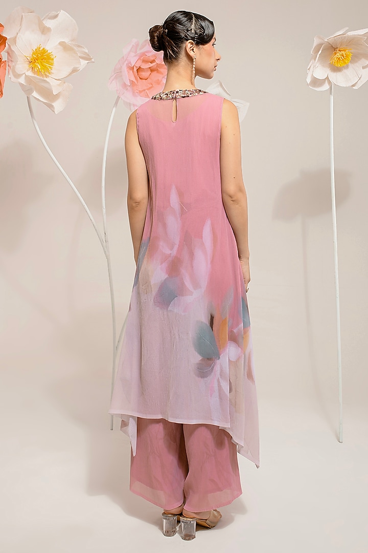 French Pink Georgette Viscose & Polyester Embroidered Kurta Set by Preeti Mehta at Pernia's Pop Up Shop