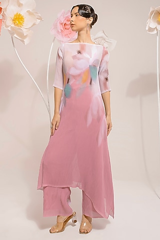 French Pink Georgette Viscose & Polyester Hand Embroidered Kurta Set by Preeti Mehta
