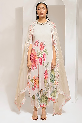 Ivory White Georgette Viscose & Polyester Kurta Set by Preeti Mehta