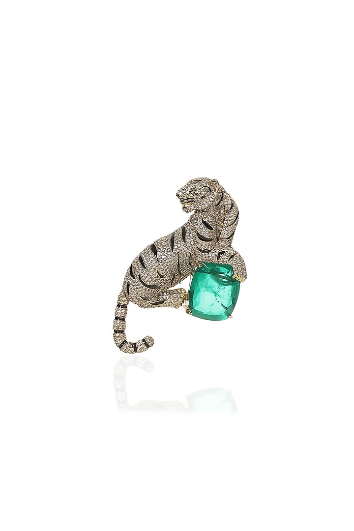 Antique Gold Finish Green Stone Brooch by Preeti Mohan Men at Pernia's Pop Up Shop