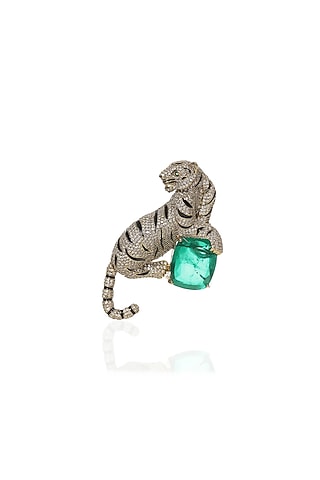 Antique Gold Finish Green Stone Brooch by Preeti Mohan Men